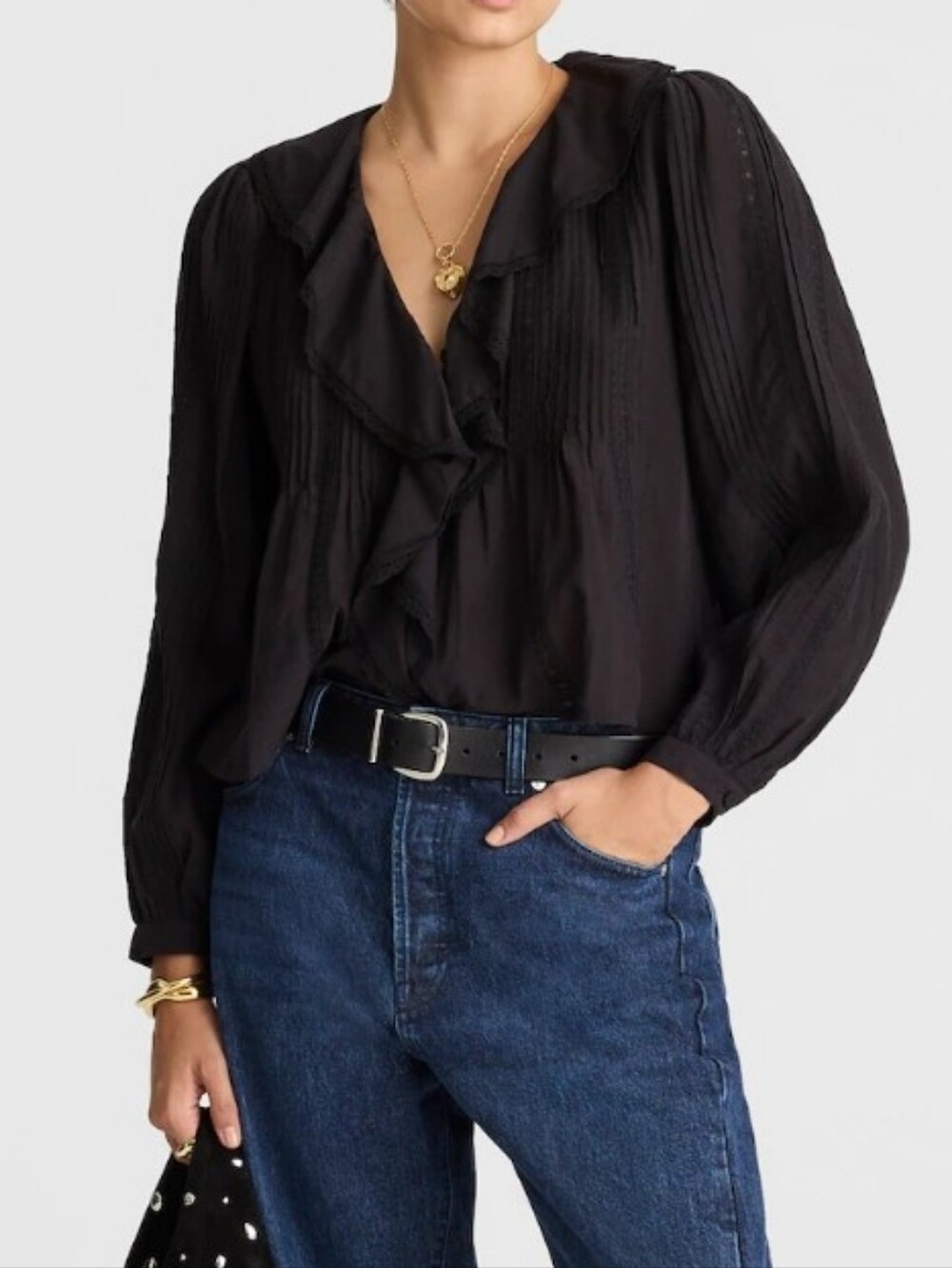 Madewell Black Lace-Insert Ruffled Pintuck Long-Sleeve Top, Sz L